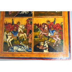 "Sfinții Mina , Gheorghe, Dimitrie și Arhanghelul Mihail înger al Apocalipsei" tempera grasa pe lemn secolul 19