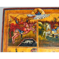 "Sfinții Mina , Gheorghe, Dimitrie și Arhanghelul Mihail înger al Apocalipsei" tempera grasa pe lemn secolul 19