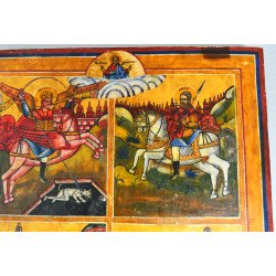 "Sfinții Mina , Gheorghe, Dimitrie și Arhanghelul Mihail înger al Apocalipsei" tempera grasa pe lemn secolul 19