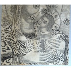 Icoana veche "Maica Domnului cu Pruncul" gravura pe hartie manuala cu filigran, Muntele Athos prima jumatate a secolului 19