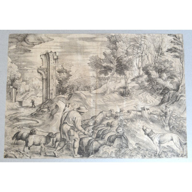 Titian "Peisaj cu pastor, turma de oi si caine" gravura veche cca 1560