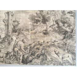 Titian "Peisaj cu pastor, turma de oi si caine" gravura veche cca 1560