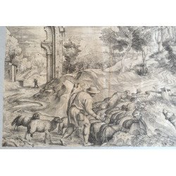 Titian "Peisaj cu pastor, turma de oi si caine" gravura veche cca 1560