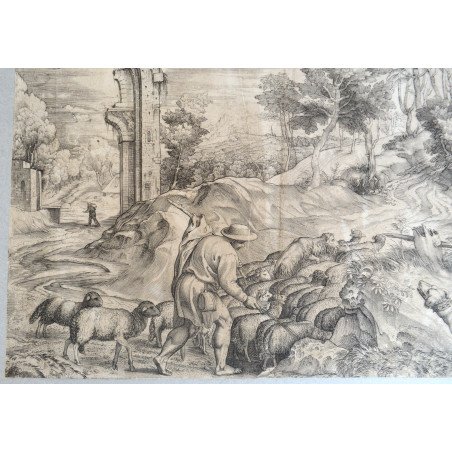 Titian "Peisaj cu pastor, turma de oi si caine" gravura veche cca 1560