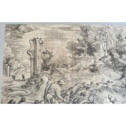 Titian "Peisaj cu pastor, turma de oi si caine" gravura veche cca 1560