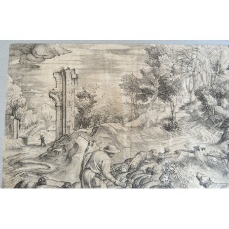 Titian "Peisaj cu pastor, turma de oi si caine" gravura veche cca 1560