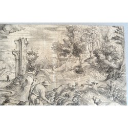 Titian "Peisaj cu pastor, turma de oi si caine" gravura veche cca 1560