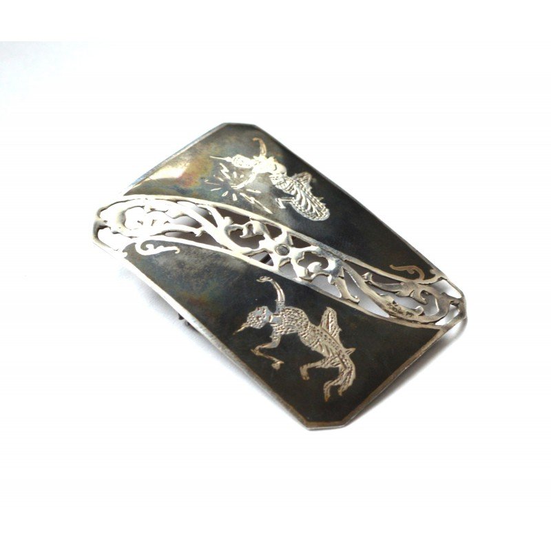 Antique Siam niello silver brooch, 50/35 mm