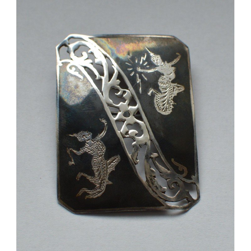 Antique Siam niello silver brooch, 50/35 mm